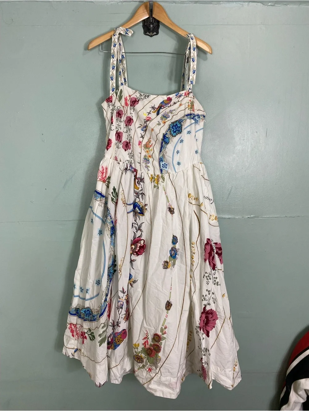 Anthropologie Tie Strap Printed Midi Dress Floral Sundress Birds Large - Picture 2 of 13